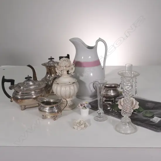 BOX LOT 3PC EP TEA SET,VICT JUG, CAPIDOMONTE ETC