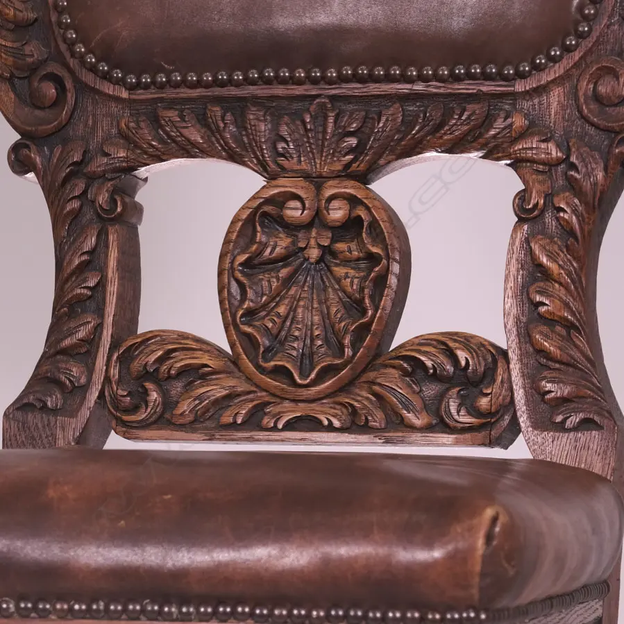 LATE 19THC FANCY CARVED OAK & LEATHER HALL CHAIR, H. 950MM Image 1++