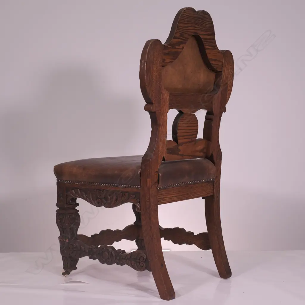 LATE 19THC FANCY CARVED OAK & LEATHER HALL CHAIR, H. 950MM Image 1++
