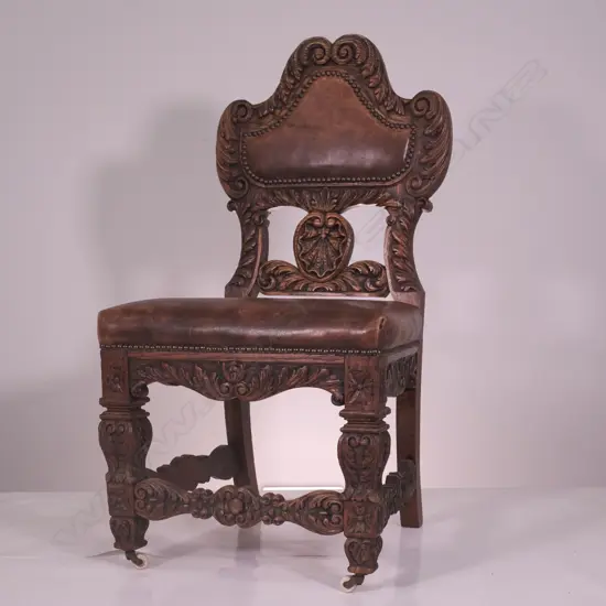 LATE 19THC FANCY CARVED OAK & LEATHER HALL CHAIR, H. 950MM