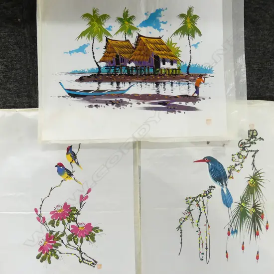 3 CHINESE PAINTINGS ON SILK + SILK EMBROIDERED VASE FRAMED