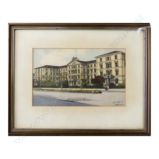 PETER G LEITCH, GOVT BUILDING, WELLINGTON, 1980  H/COLOURED PRINT, 315 X 400MM