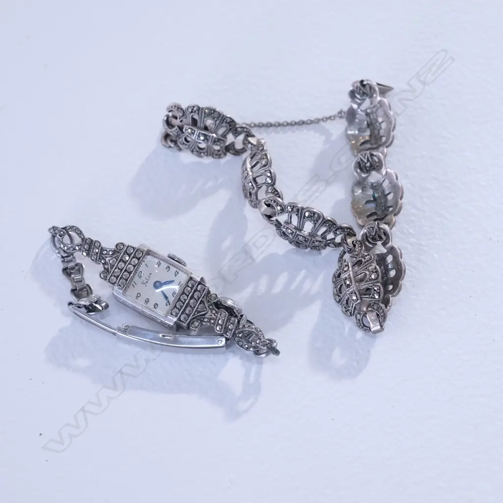 MARCISITE SET SILVER BRACELET & LADY'S WATCH Image 1++