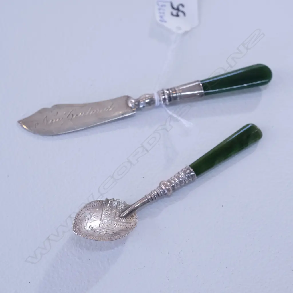 SILVER & GREENSTONE BUTTER KNIFE & JAM SPOON Image 1++