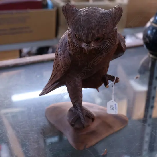 CARVED OWL SCULPTURE. H. 295MM