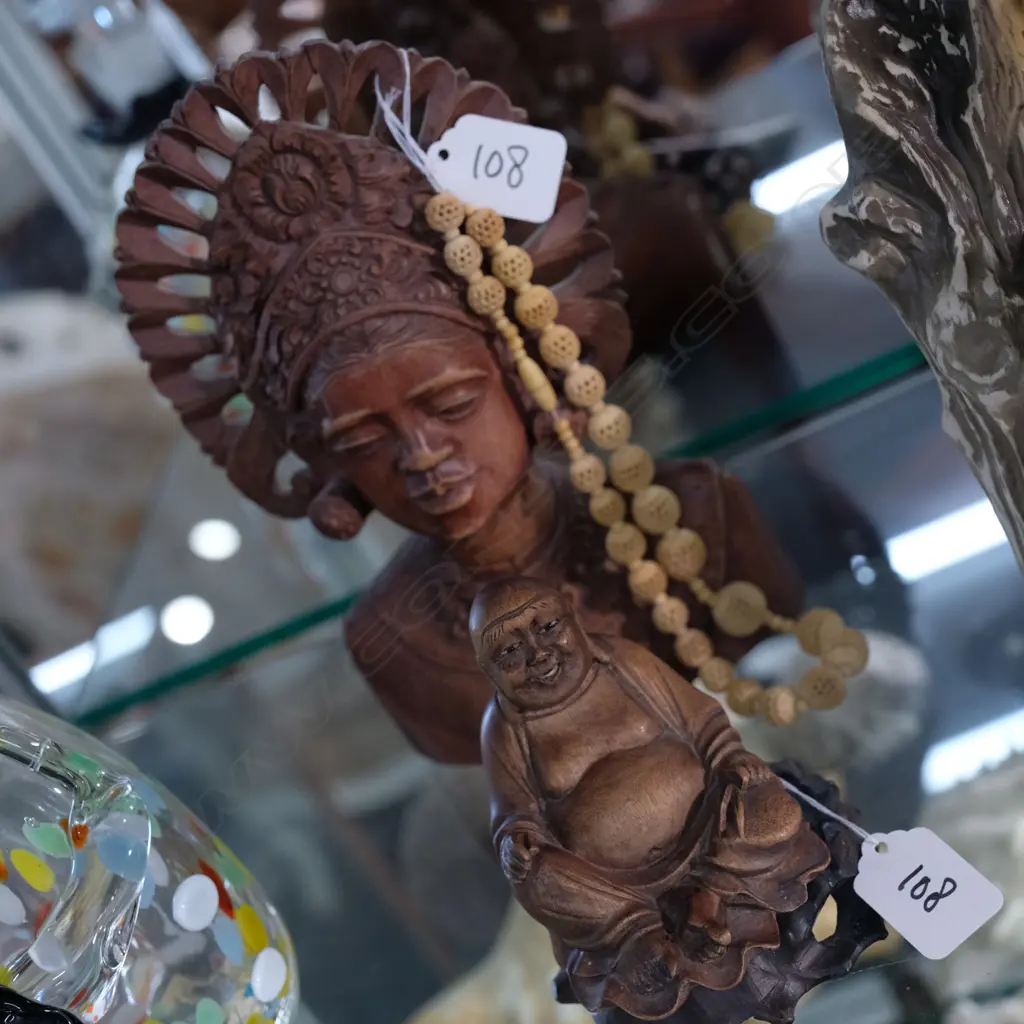 WOODEN BUDDHA,BALINESE CARVING WITH CARVED BONE BEADS Image 1++