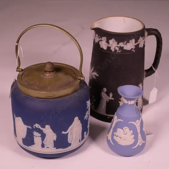 AA W/WOOD JASPER WARE JUG,VASE + ADAM BISCUIT BARREL H 200 MM 