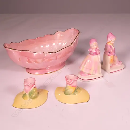  A MAILING LUSTRE BOWL,PR OF R/WINTON CANDLE STICKS+A PAIR OF UNMARKED BOOKENDS W 280 MM 