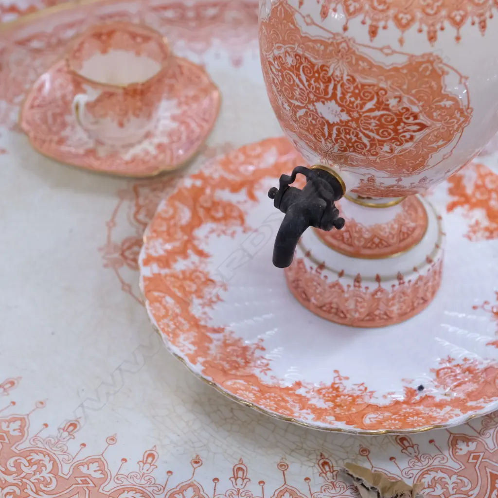 SELECTION LATE 19TH CENTURY SALMON TRANSFER PATTERN TEAWARES / SAMOVAR ETC. SAMOVAR DIA. 440MM Image 1++