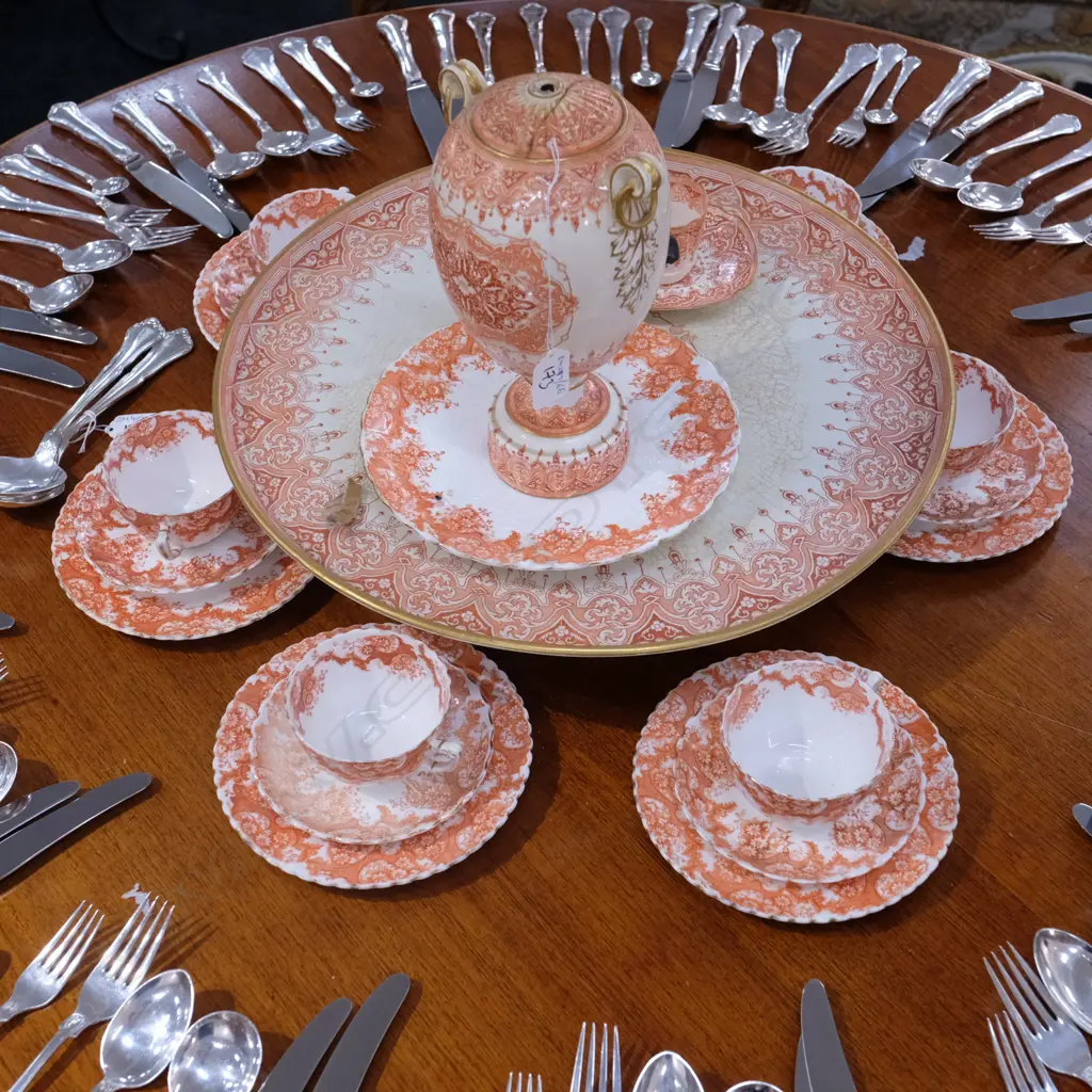 SELECTION LATE 19TH CENTURY SALMON TRANSFER PATTERN TEAWARES / SAMOVAR ETC. SAMOVAR DIA. 440MM Image 1++