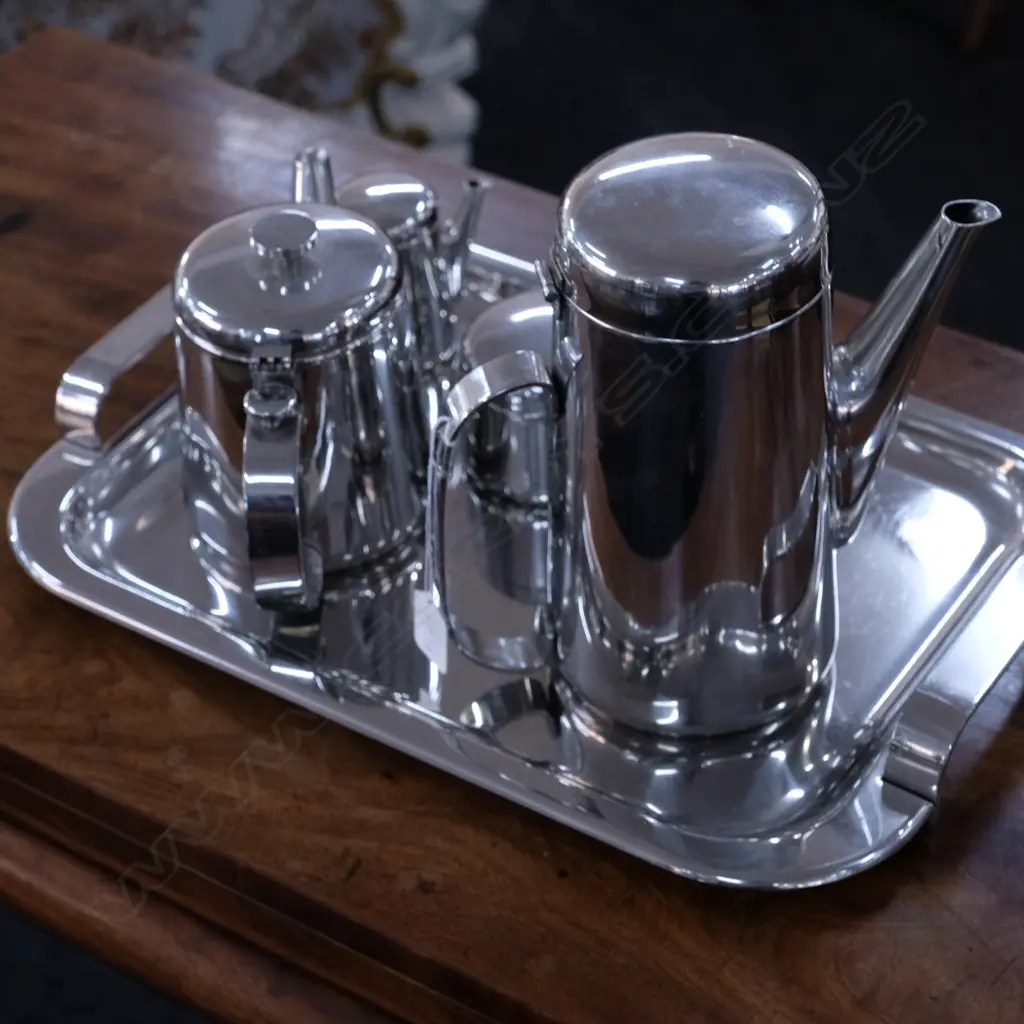 WMF STAINLESS COFFEE SERVICE, COFFEE POT H. 220, TRAY W. 440MM Image 1++