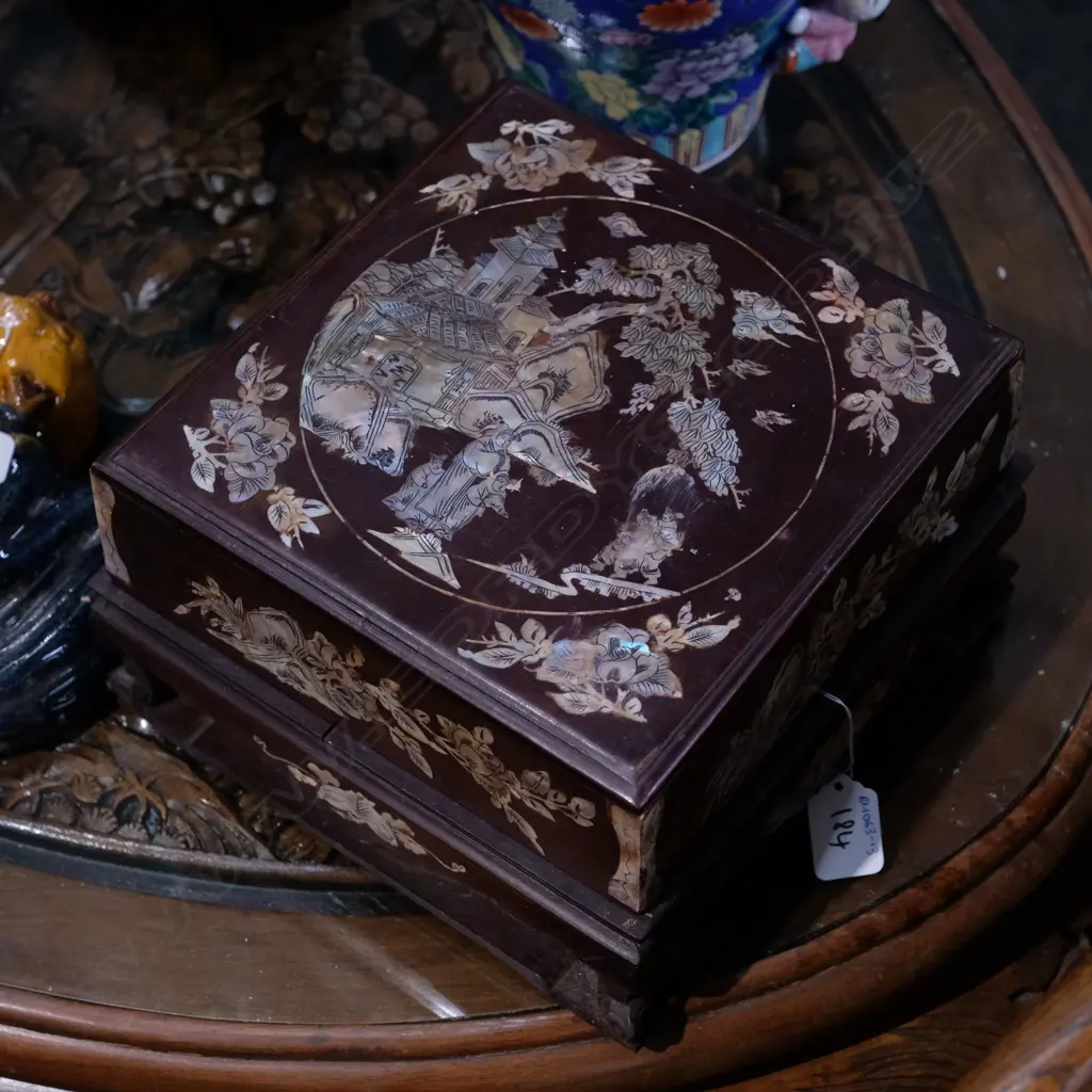 CHINESE HARDWOOD INLAY BOX ON STAND, W. 230MM, H, 140MM Image 1++