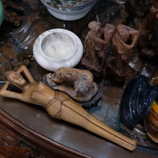 4 CARVINGS - 3 WOODEN / 1 SOAPSTONE AND ONE OTHER