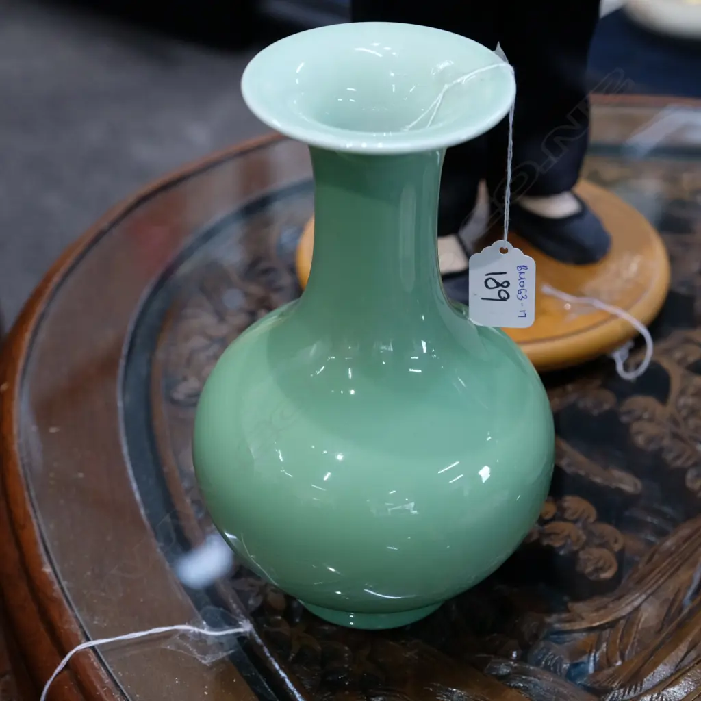 CHINESE CELADON QINGLONG MARKED VASE, H. 210MM Image 1++