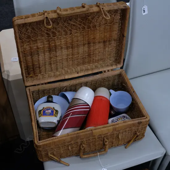 PICNIC BASKET WITH VINTAGE THERMOS ETC