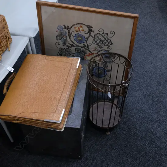 FIRE SCREEN, UMBRELLA STAND, LEATHER BAG & COAL BOX