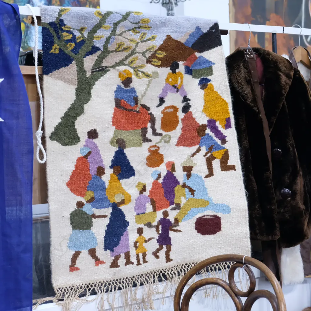 HAND WOVEN WOOLEN WALL HANGING, AFRICAN VILLAGE SCENE, L. Image 1++