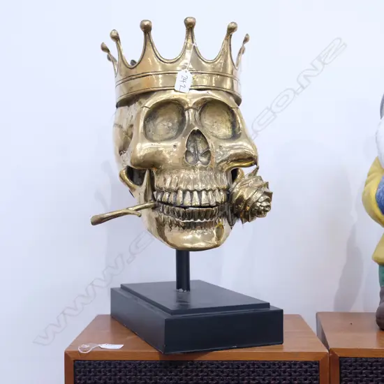 BRASS SKULL SCULPTURE ON STAND, H. 500MM