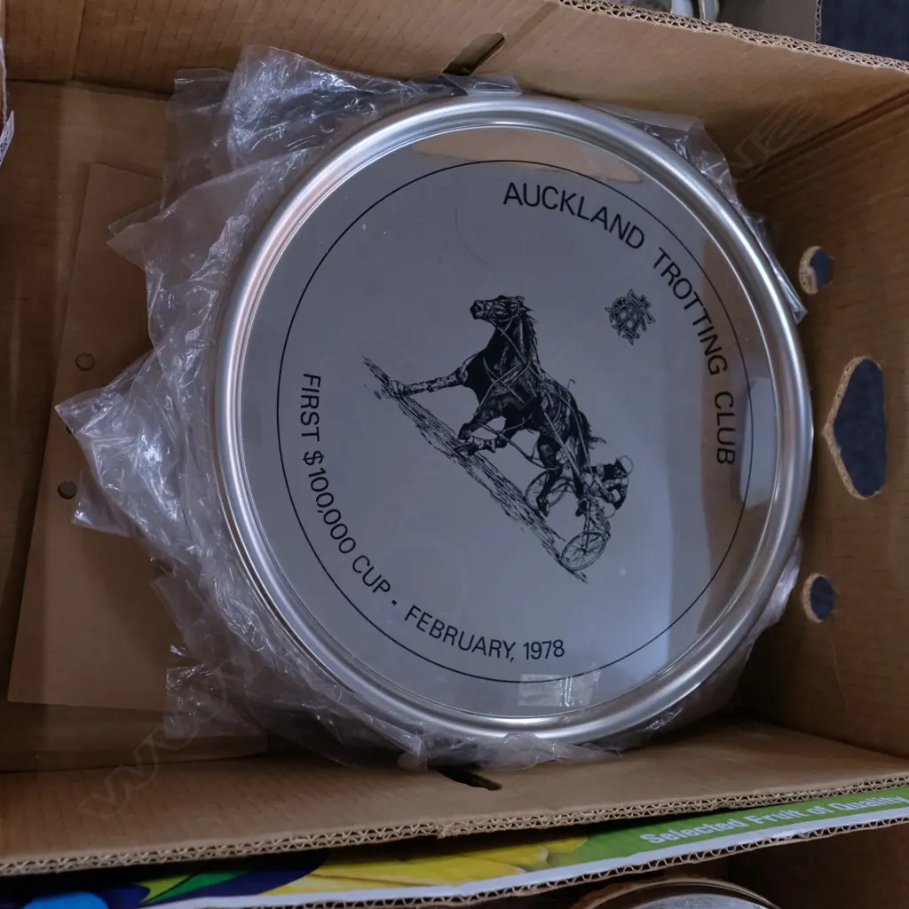 APPROX 20 "AUCKLAND TROTTING CLUB" STAINLESS SERVING TRAYS EACH DIA. 370MM Image 1++
