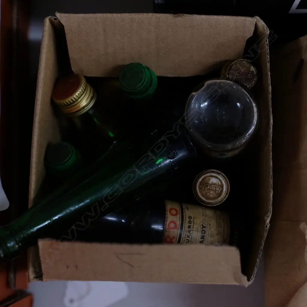 BOX OF SMALL VINTAGE ALCOHOL BOTTLES  Image 1++