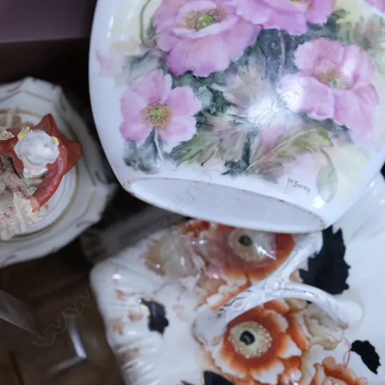 BOX ASST CHINA  / VICTORIAN CHEESE WEDGE, HAND PAINTED VASE ETC