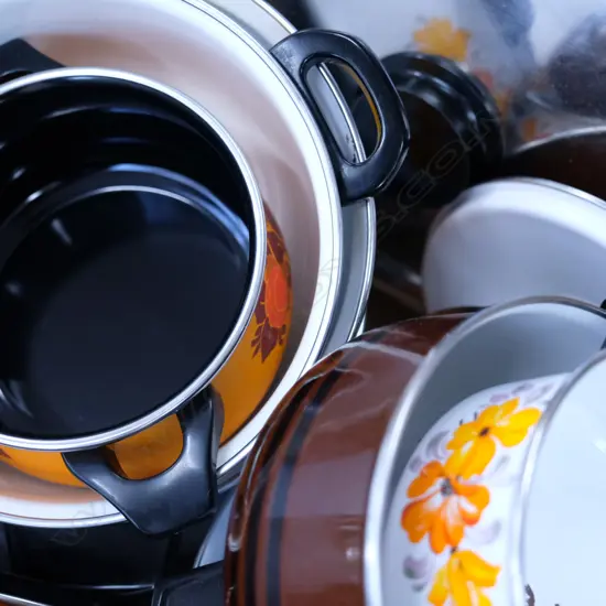 BOX ENAMEL COOKING POTS ETC. 