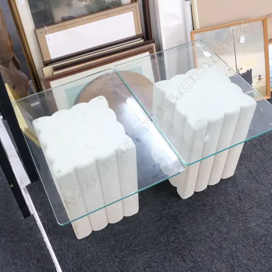 PR COMPOSITE STONE GLASS TOP SIDETABLES. TOP W. 420MM D. 570MM