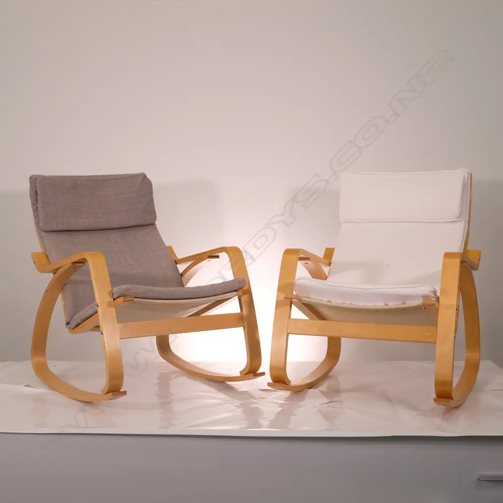 TWO DESIGNER PALE BEECH PLY ROCKING CHAIRS Image 1++