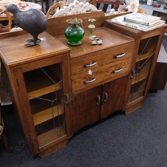 OAK ART DECO LEADLIGHT  SIDEBOARD H.  700