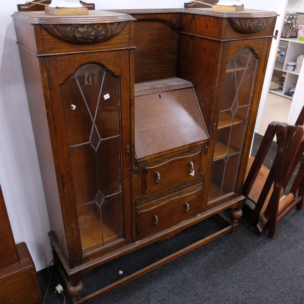 OAK 1940'S LEADLIGTH CABINET H.1540MM L. 1220MM Image 1++