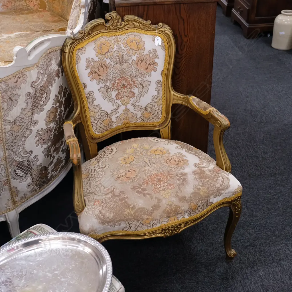 OPEN ELBOW CHATEAU STYLE GILT ARMCHAIR W. 600MM D. 530MM H. 900MM Image 1++