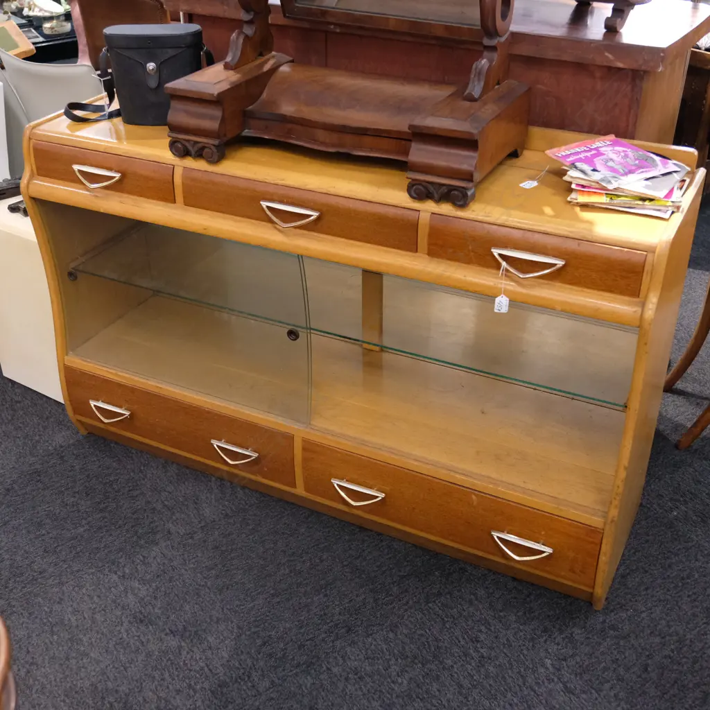 MID-CENTURY SIDEBOARD 5X DRAWS/GLASS SHELVING L 1430MM Image 1++