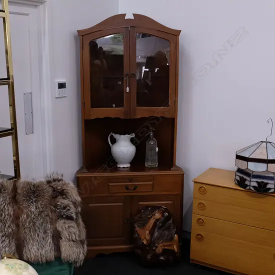 MAHOGANY CORNER DISPLAY CUPBOARD W. 880MM D. 580MM H. 1965MM 