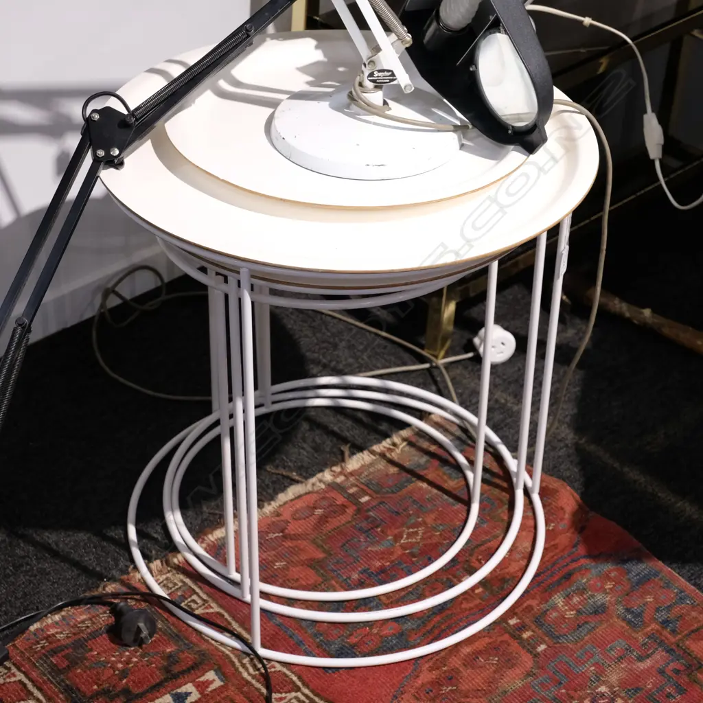 3 CIRCULAR STACKING SIDE-TABLES W/ REMOVABLE TRAYS MARKED BOCONCEPT LARGEST DIA. 495MM Image 1++