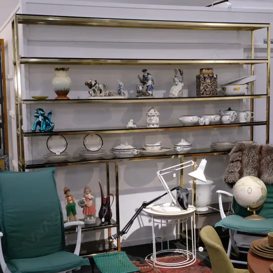 LARGE BRASS AND GLASS DISPLAY SHELVES  W 2550, H 2205, D300 MM