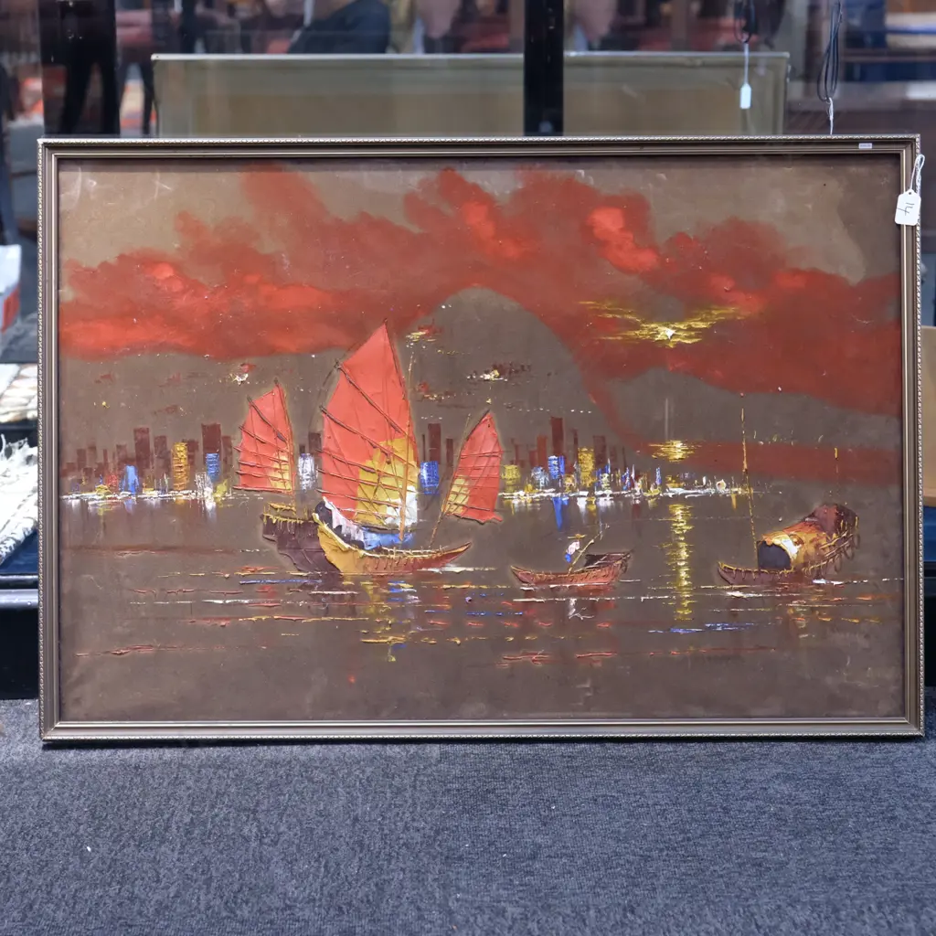 PAINTING ON VELVET CHINESE JUNKS Image 1++