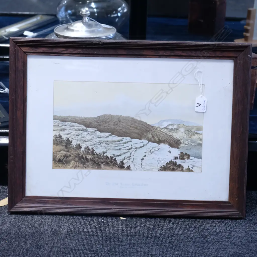 FRAMED LITHO PINK AND WHITE TERRACES ROTOMAHANA - H. 190MM W. 340MM Image 1++