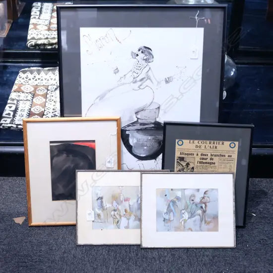 4 FRAMED ARTWORKS AND NEWSPAPER CUTTING