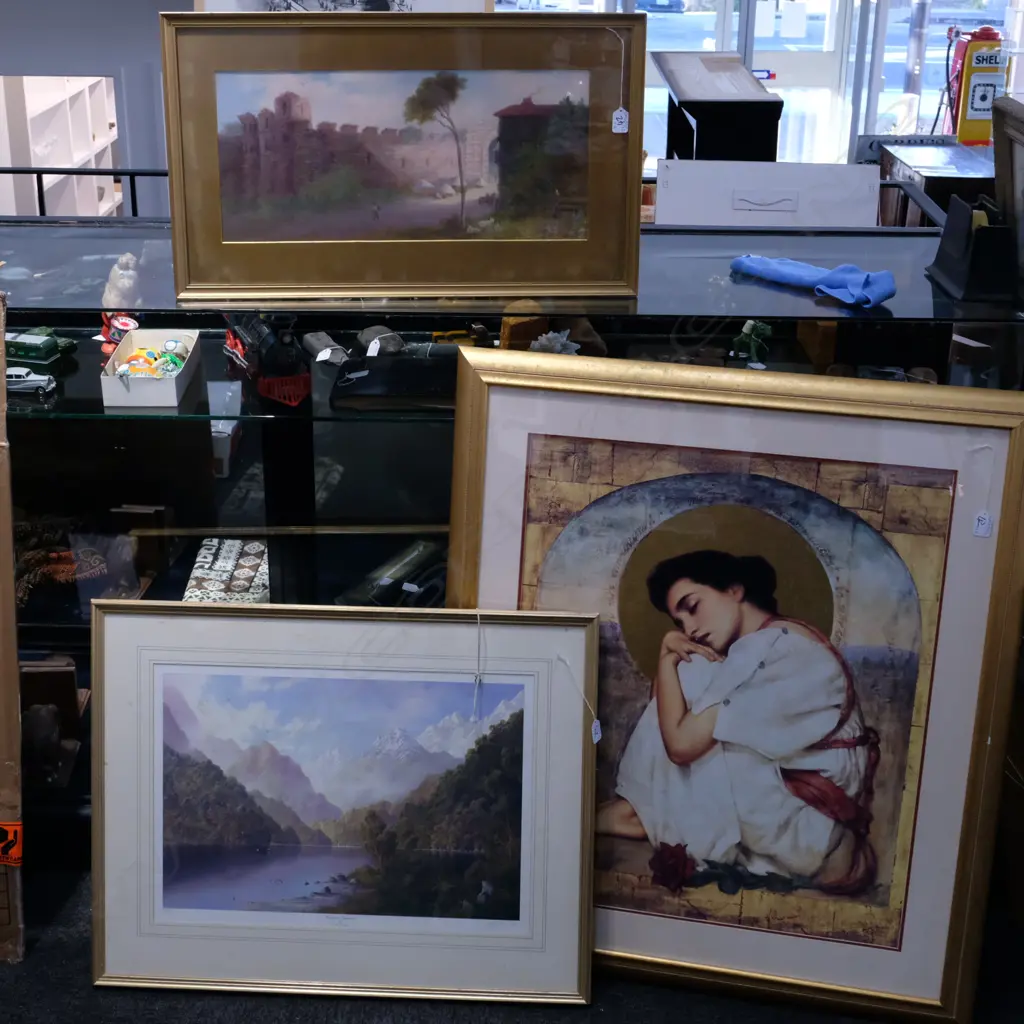 ANTTIQUE LANDSCAPE PAINTING; + 2 OTHER PRINTS Image 1++