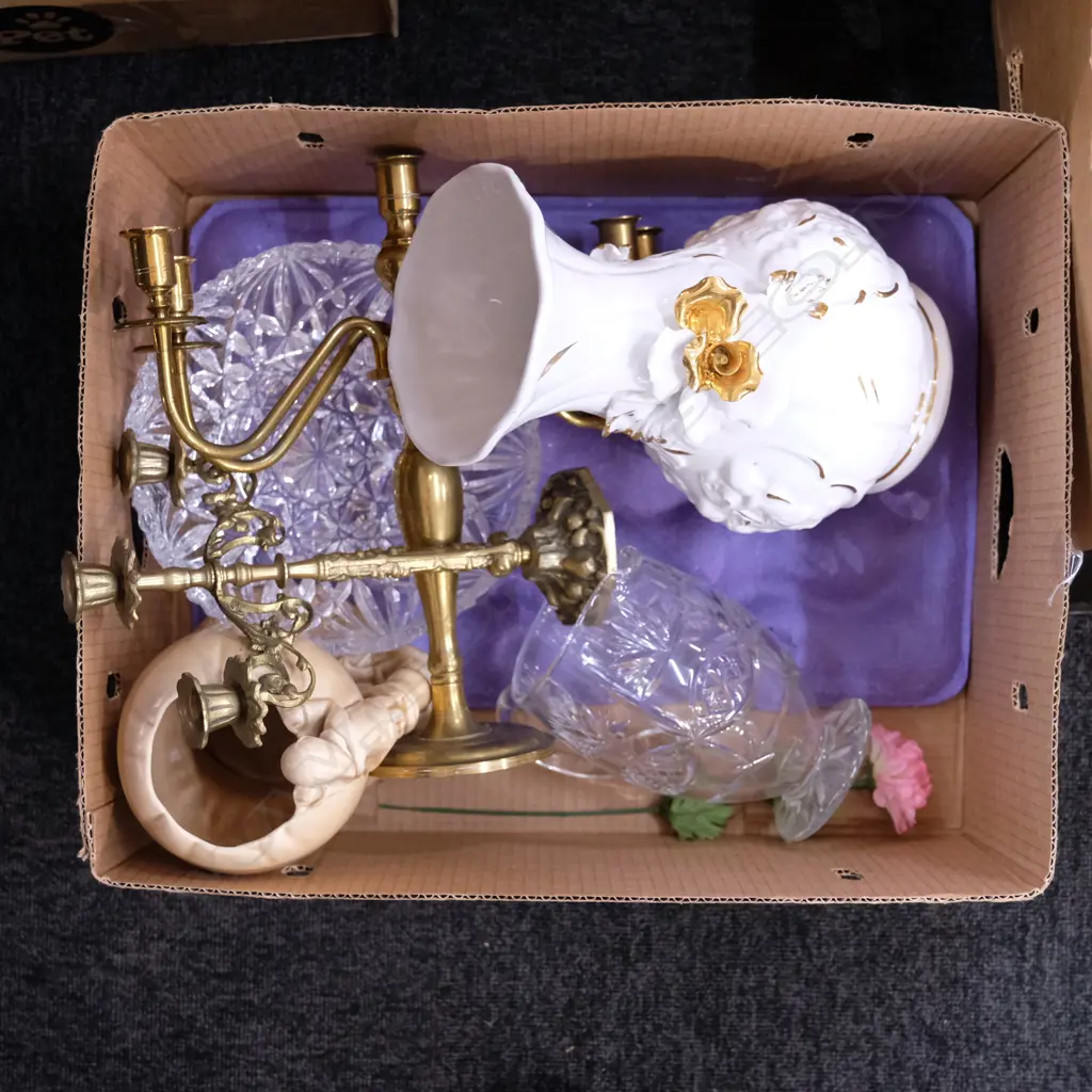 LOT CRYSTAL JUG/BOWL/SYLVAC JUG/BRASS WARE+ CAPIDOMONTE VASE Image 1++