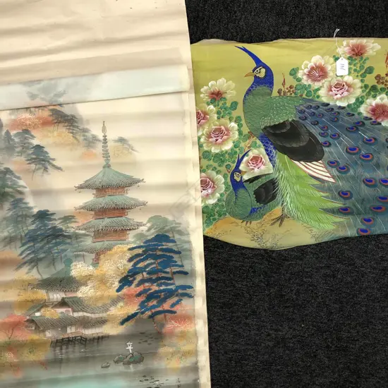 2 VINTAGE ORIENTAL SCREENS EXOTIC BIRD & TEMPLE