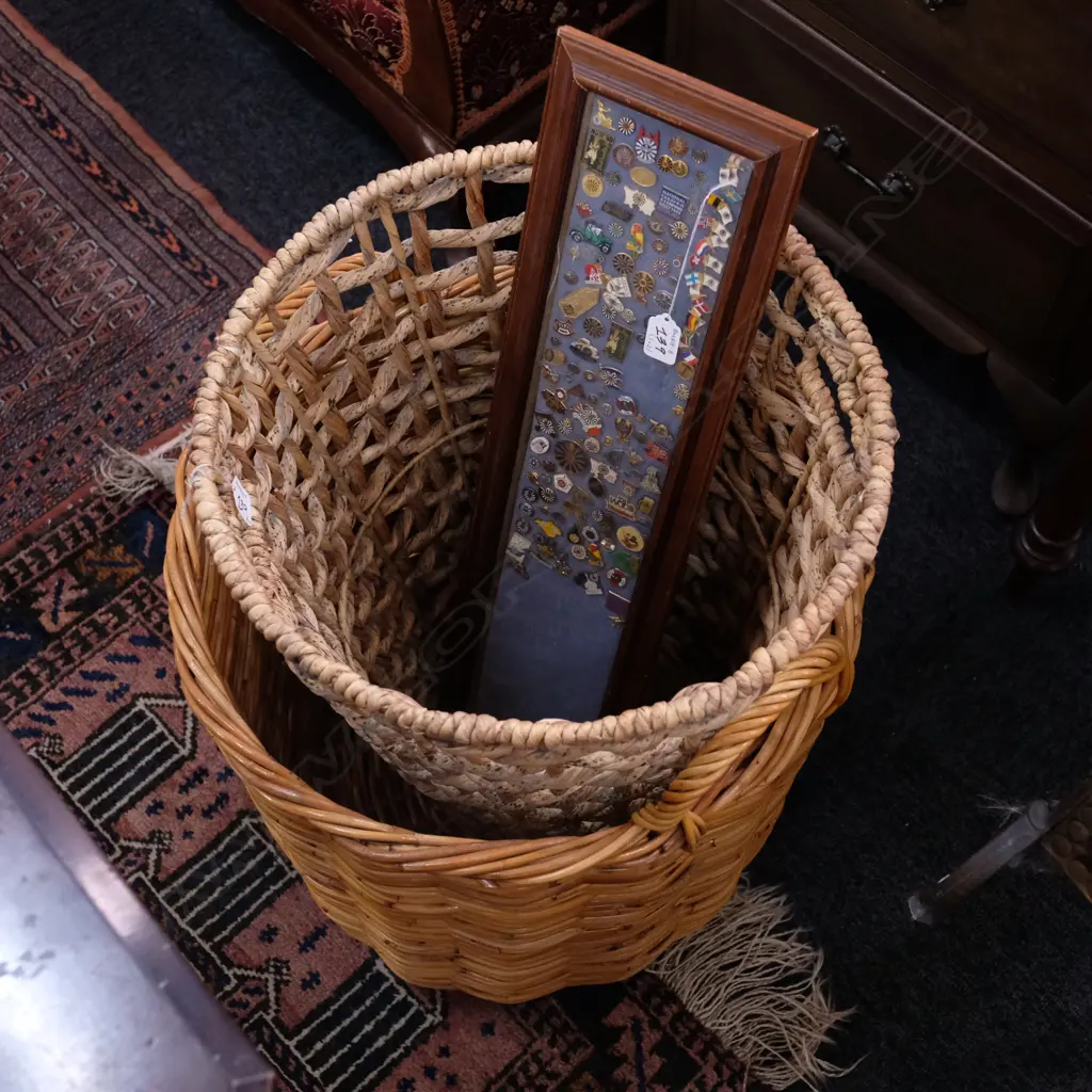 2 CANE BASKETS AND PIN DISPLAY CASE Image 1++