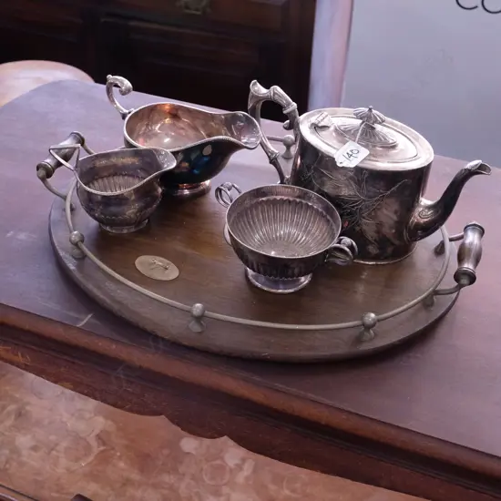 4 OLD SILVER PLATE ITEMS & OAK TRAY