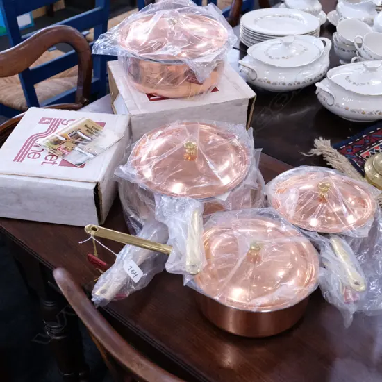 LOT OF UNUSED SPRING COPPER SAUCEPANS ETC MADE IN SWITZERLAND