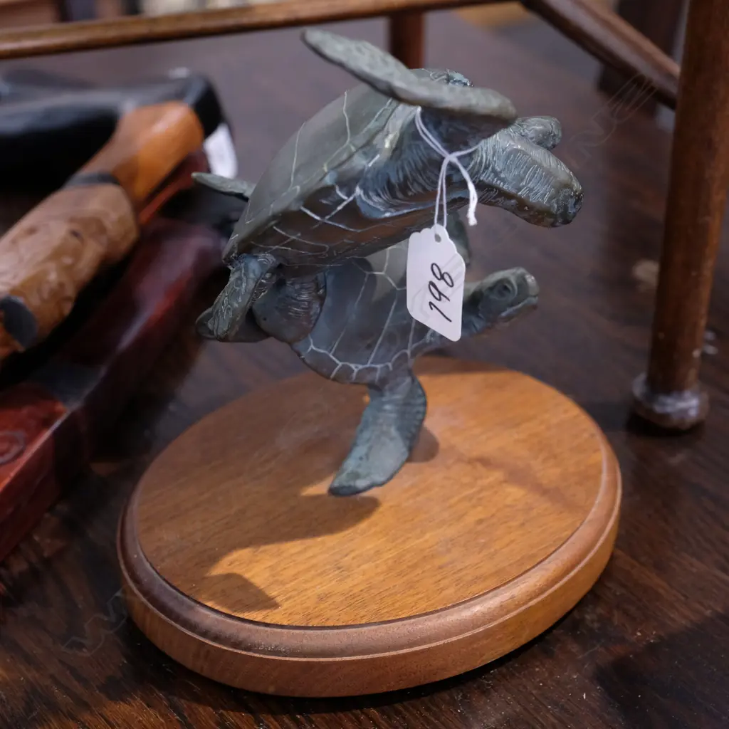 BRONZE SCULPTURE 2 TURTLES ON MAHOGANY BASE Image 1++