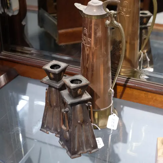 ART NOUVEAU COPPER JUG WITH 2 CANDLE STICK H 300 MM