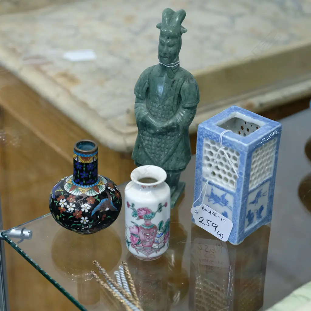 CARVED STONE WARRIOR / CLOISONNE VASE + 2 OTHERS Image 1++