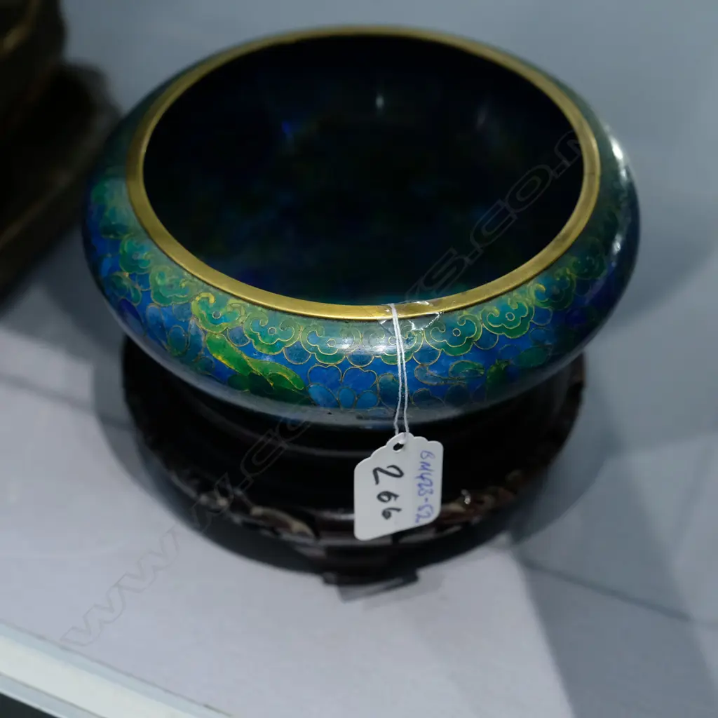 ORIENTAL BLUE/GREEN CLOISONNE BOWL ON STAND D.15.5CM Image 1++