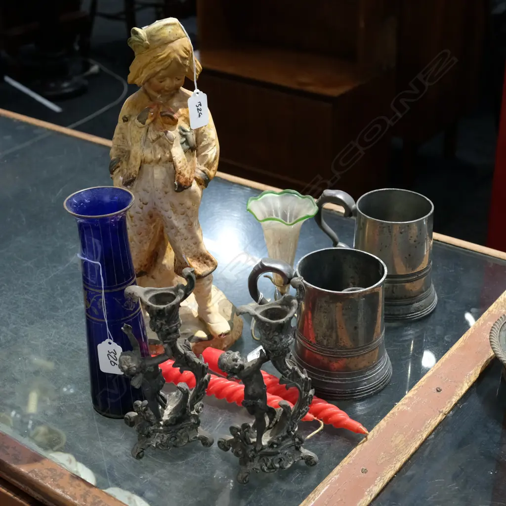 LOT PEWTER TANKARDS/EPERGNE/CANDLE STICK ETCE Image 1++