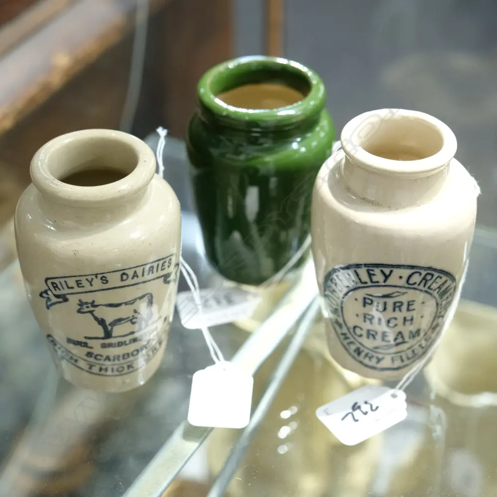 TWO EDWARDIAN PICTORIAL CREAM POTS & IMPRESSED CREAM POT Image 1++